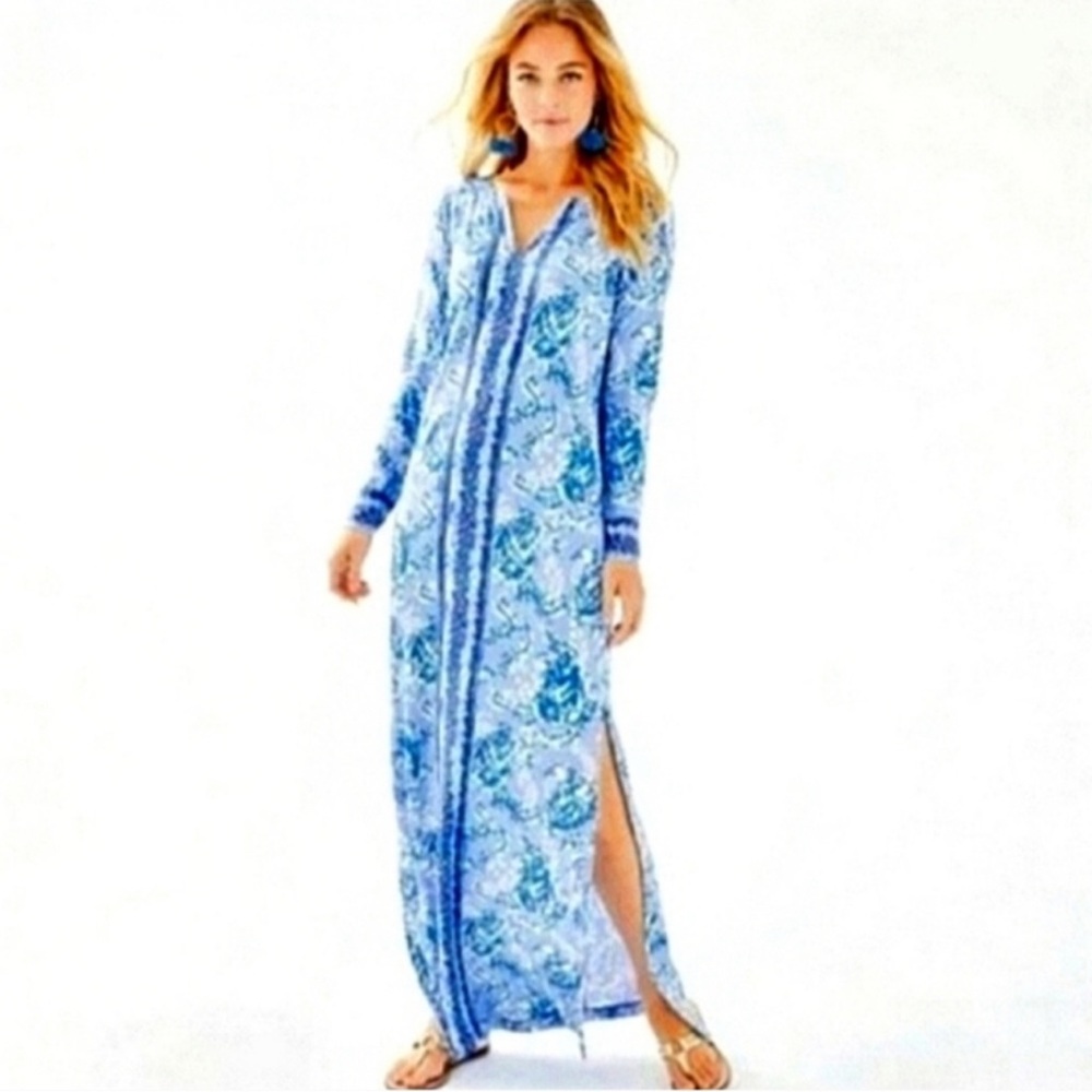 Lilly Pulitzer Faye blue maxi v-neck dress with side slits $228 - Small